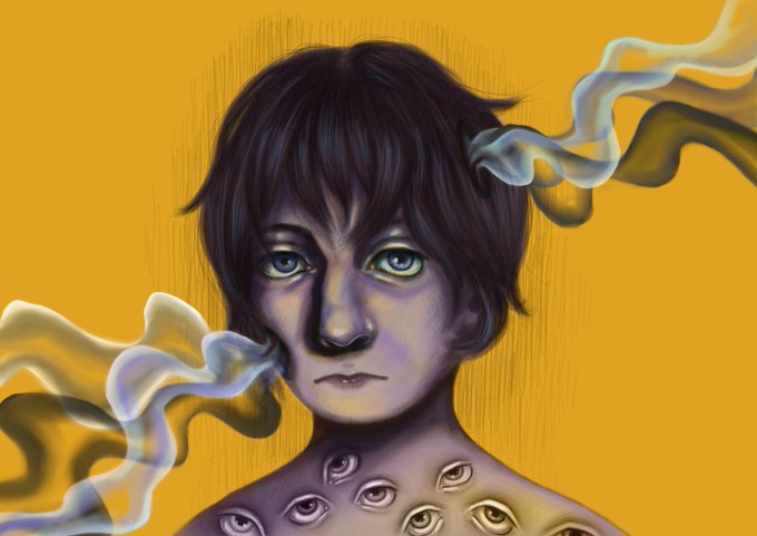 A digital painting depicts a pale, purple-toned figure with green eyes and dark hair against a yellow background, with smoke or fluid-like wisps emanating from their head and multiple eyes scattered across their chest.