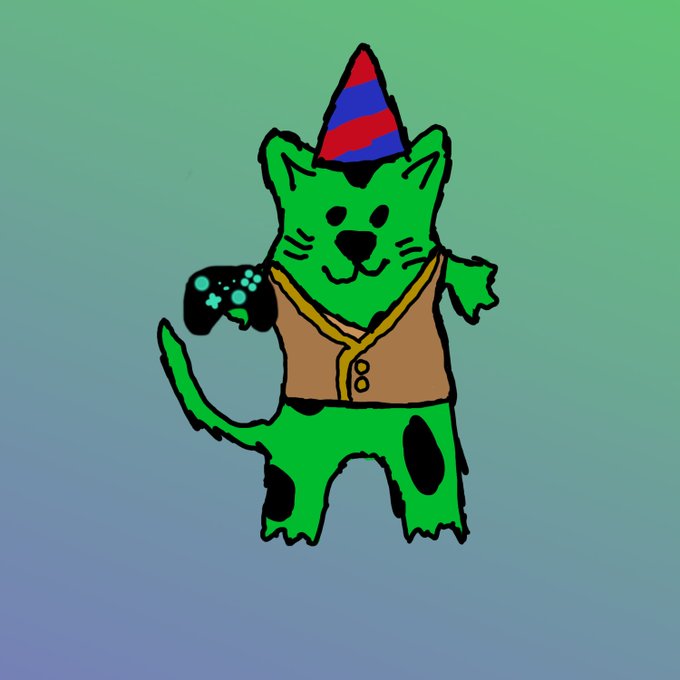A cartoon drawing of a green cat wearing a red and blue striped party hat and a brown vest, holding a video game controller.