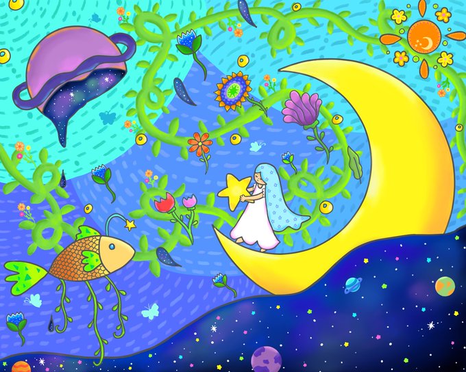 A whimsical digital illustration showing a girl with long blue hair sitting on a yellow crescent moon, holding a star, surrounded by colorful flowers, vines, a smiling fish, and a cosmic sky with planets.