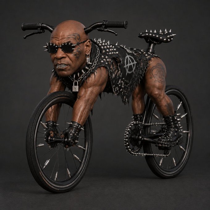 A surreal digital artwork or AI-generated image depicting a muscular man with facial tattoos, sunglasses, and a spiked leather vest integrated into a bicycle, with handlebars extending from his head and wheels for hands and feet, set against a dark gray background.