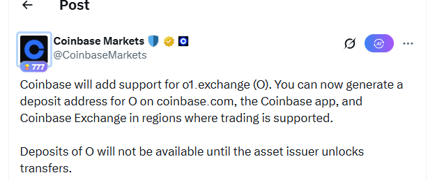 The image shows a post written by @o1_exchange, which seems to be about Bitcoin exchanges or something related to cryptocurrency. The content of this post appears to be about Coinbase Markets, an exchange service for Bitcoins. In the description, there is a reference to coinbase support for 0 on coinbase com and also a reference to regions where trading is supported.
