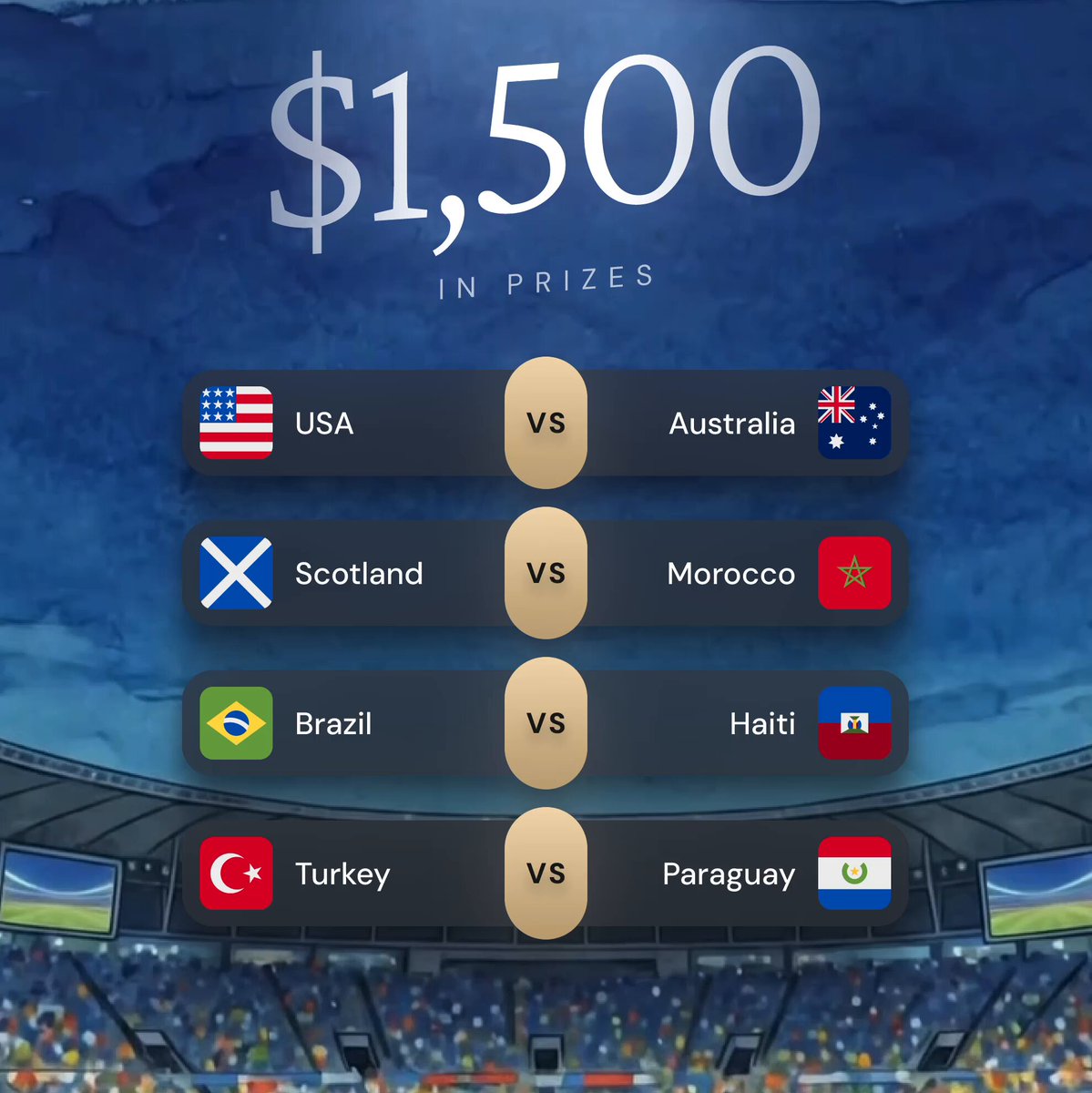 The image shows a scoreboard for a soccer match, with the teams being from different countries such as Turkey, South Africa, Brazil, Paraguay, and others. The text indicates that there are four teams participating in this competition, and they will be playing against each other on day six of the #EtherFiWC26 tournament. The post also provides details about how to enter the contest by entering a code or tagging specific teams.