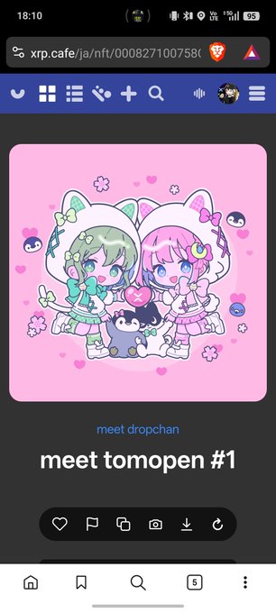 A screenshot of a mobile browser showing an NFT page on xrp.cafe featuring two cartoon characters with cat-ear hoods and a small penguin, labeled 'meet dropchan' and titled 'meet tomopen #1'.