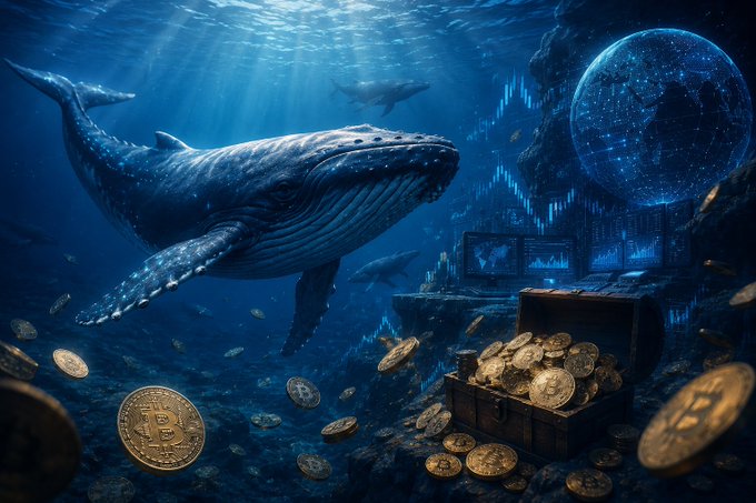 A digital artwork depicting a massive whale swimming underwater alongside scattered gold Bitcoin coins, a treasure chest filled with crypto, and glowing charts, symbolizing Bitcoin whales and accumulation.
