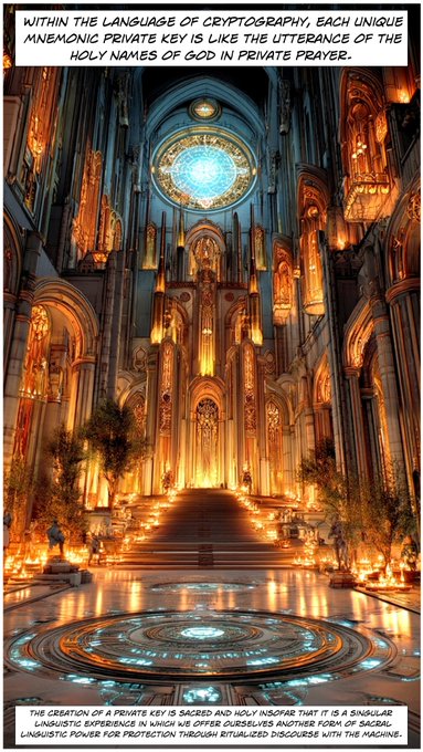 AI-generated comic panel of a glowing cathedral interior with stained glass and a circular skylight, captioned about mnemonic private keys being like sacred utterances of holy names in private prayer.