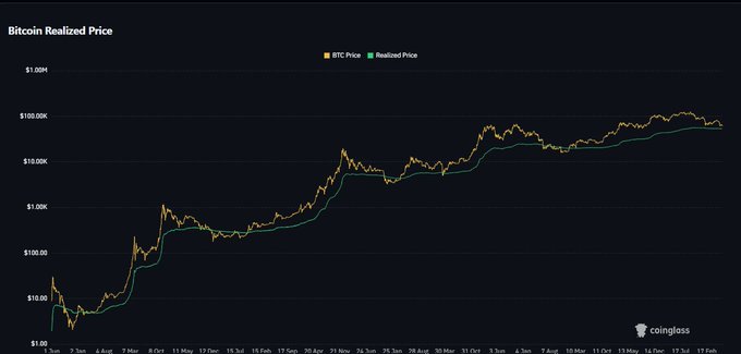The image is a Coinglass chart titled "Bitcoin Realized Price" showing BTC Price (yellow) and Realized Price (green) on a logarithmic scale from $1 to $1M over a multi-year period from late 2023 through February 2024, with BTC trading around $50K and the realized price closely tracking below it. The chart visually supports the post's claim by demonstrating how historical BTC price bottoms have dipped below the realized price line, contextualizing why a sub-$45K low (roughly 20% below the ~$53K realized price) would fit prior cycle patterns.