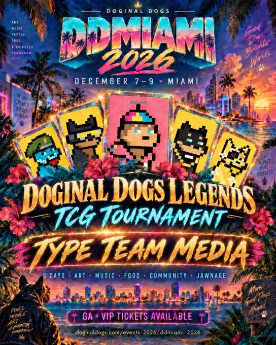 A vibrant promotional poster for 'DOGINAL DOGS LEGENDS TCG TOURNAMENT' at DDMIAMI 2026, scheduled December 7-9 in Miami, featuring pixel art dog characters, Miami scenery, and details about a Type Team Media event.