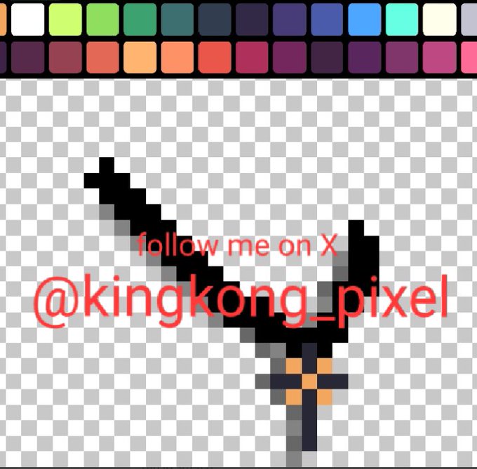 Pixel art of a downward trending black arrow with text 'follow me on X @kingkong_pixel' beneath a color palette grid.