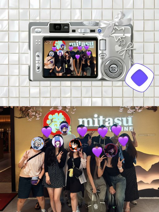 A digital camera frame displays a group photo of friends posing in front of a "mitasu" sign with purple heart emojis, while the bottom image reveals the full scene of the group gathered at the venue with faces creatively covered by cartoon stickers and purple hearts—capturing a fun Monad Community Meetup in Malaysia with friends.