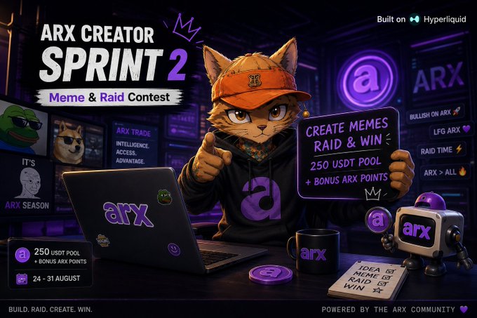 A promotional graphic for the 'ARX CREATOR SPRINT 2 Meme & Raid Contest' features an anthropomorphic cat in a cap and hoodie, built on Hyperliquid, with a '250 USDT POOL + BONUS ARX POINTS' prize running '24 - 31 AUGUST'.