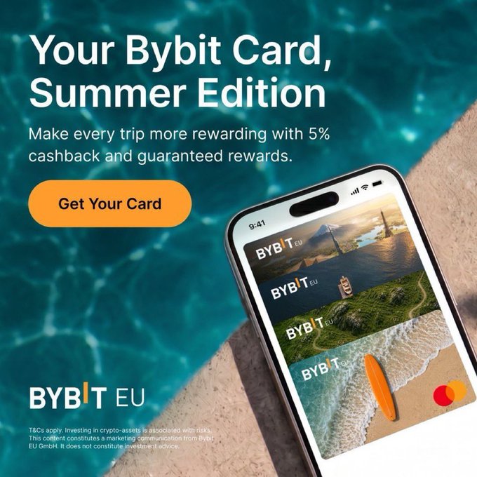 An ad for 'Your Bybit Card, Summer Edition' offering 5% cashback, featuring a phone displaying Bybit EU card designs against a pool background.