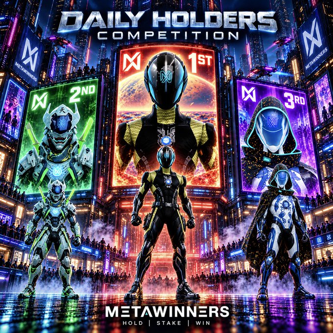 A sci-fi promotional poster for 'DAILY HOLDERS COMPETITION' by MetaWinners, depicting futuristic armored figures representing 1st, 2nd, and 3rd place podium positions in a neon-lit city, with the tagline 'HOLD | STAKE | WIN.'