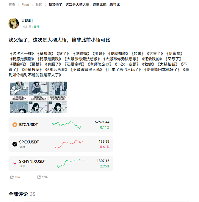 The image shows a Chinese social media post on what appears to be a crypto trading platform's community feed, featuring a user "大聪明" who compiled a humorous list of classic crypto investor phrases like "这次不一样" (This time is different), "早知道" (If only I had known), "没跑掉" (Didn't escape), and "价值投资" (Value investing), alongside price charts for BTC/USDT ($62,691.44), SPCX/USDT ($138.88), and SKHYNIX/USDT ($1,307.15). The post, titled "我又悟了，这次是大彻大悟，绝非此前小悟可比" (I had another epiphany, this time it's complete enlightenment, incomparable to previous minor realizations), captures the self-deprecating humor of crypto traders reflecting on market losses, resonating with the caption's observation about the community's talent for blending comedy with genuine market experiences.