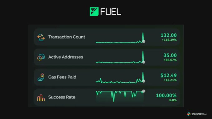 A dashboard for 'FUEL' showing metrics: Transaction Count (132.00, +116.39%), Active Addresses (35.00, +66.67%), Gas Fees Paid ($12.49, +12.21%), and Success Rate (100.00%, 0.0%) with mini sparkline charts.
