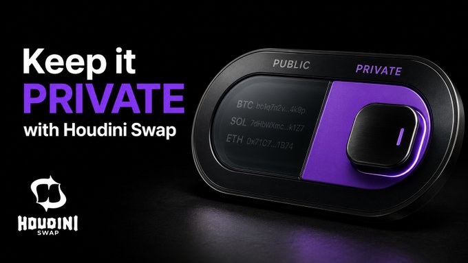A 'Houdini Swap' advertisement reading 'Keep it PRIVATE with Houdini Swap', showing a device with 'PUBLIC' and 'PRIVATE' modes and cryptocurrency wallet addresses for BTC, SOL, and ETH.
