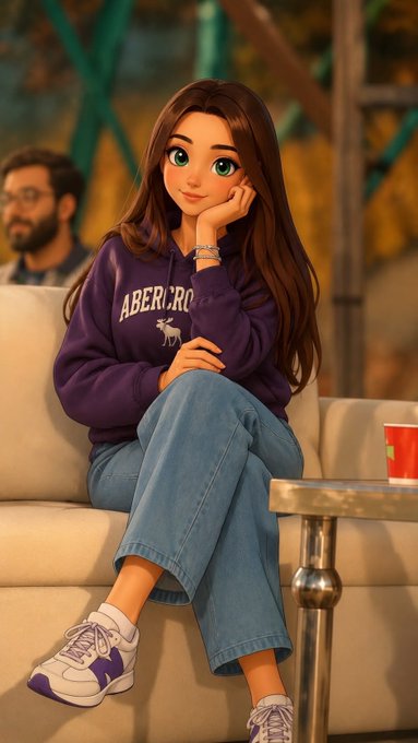 An animated-style illustration of a young woman with long brown hair wearing a purple Abercrombie & Fitch hoodie and jeans, sitting on a beige couch in a casual setting.
