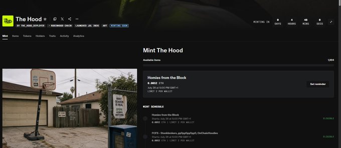 Mint page for 'Homies from the Block' NFT on 'The Hood' platform (built on Sei), priced at 0.002 ETH with a 1/1 supply and 250 max per wallet.