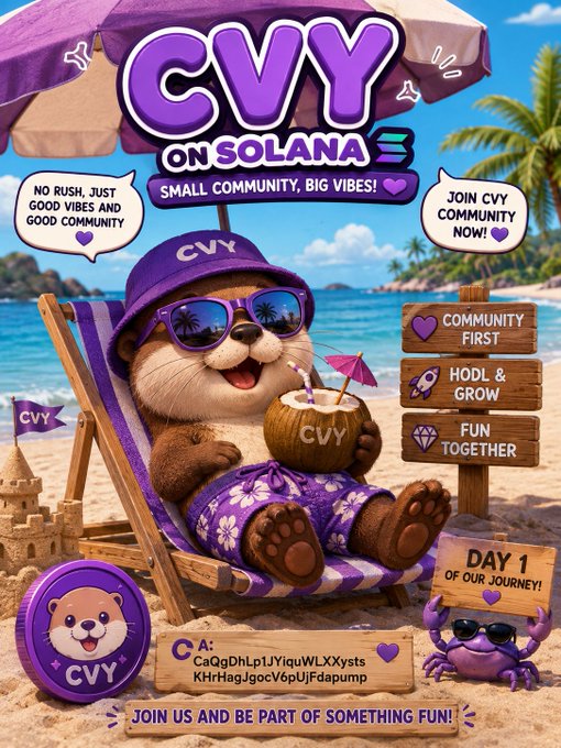 A promotional graphic for 'CVY ON SOLANA' featuring a cartoon otter in sunglasses relaxing on a beach chair, with text promoting community, HODL & GROW, and a Solana wallet address.