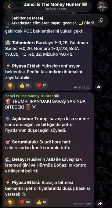 The image shows a Telegram channel called "Zenci Is The Money Hunter" (19,948 subscribers) displaying two posts: one about the US core PCE inflation forecast (with bank estimates like Barclays %0,25 and Goldman Sachs %0,26), and another claiming Trump says "IRAN WAR ENDING SOON" with potential oil price drops, plus a blame on Iran for the Saudi pipeline attack—both reinforcing the post's ironic take on Trump's market-influencing rhetoric.