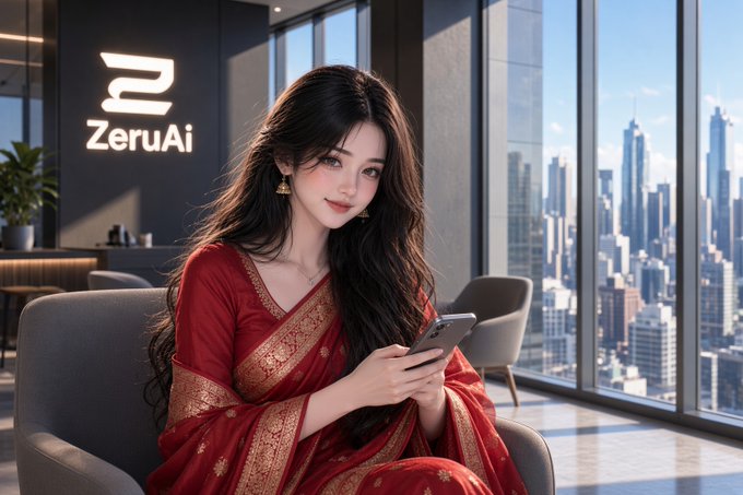 A digital artwork of a woman in a traditional red sari holding a smartphone, sitting in a modern office with a 'ZeruAi' logo on the wall and a city skyline visible through the window.