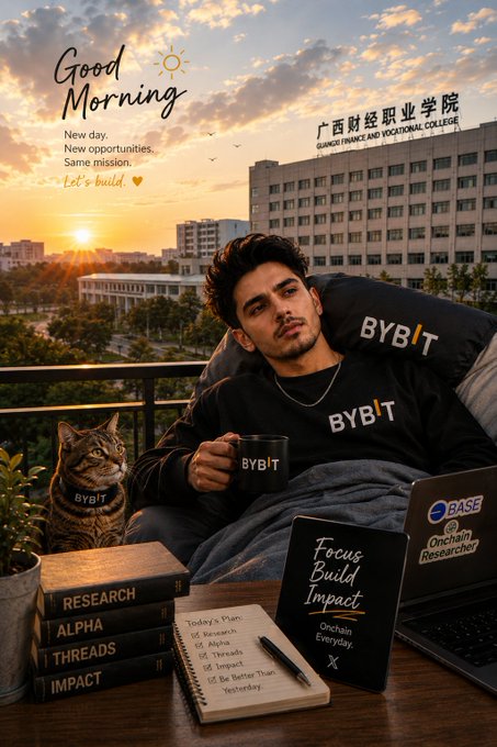 A 'Good Morning' meme featuring a man with a cat wearing a 'BYBIT' hoodie and mug, set against a sunrise with Chinese text '广西财经职业学校' (Guangxi Finance and Vocational College) and notes labeled 'Focus Build Impact' and 'Onchain Everyday'.