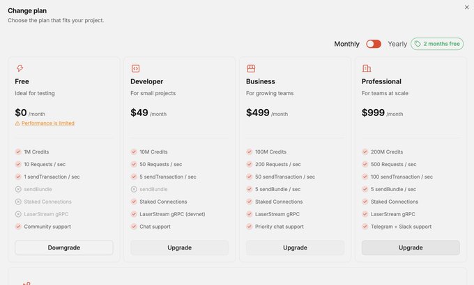 The image shows a "Change plan" pricing page for Helius, displaying four tiers (Free $0, Developer $49, Business $499, Professional $999 per month) with features like credits, requests/sec, and Staked Connections. It relates to the post by showcasing the Helius Professional upgrade option the author is offering to BAXUS to scale infrastructure for their vending machine's anticipated traffic surge.