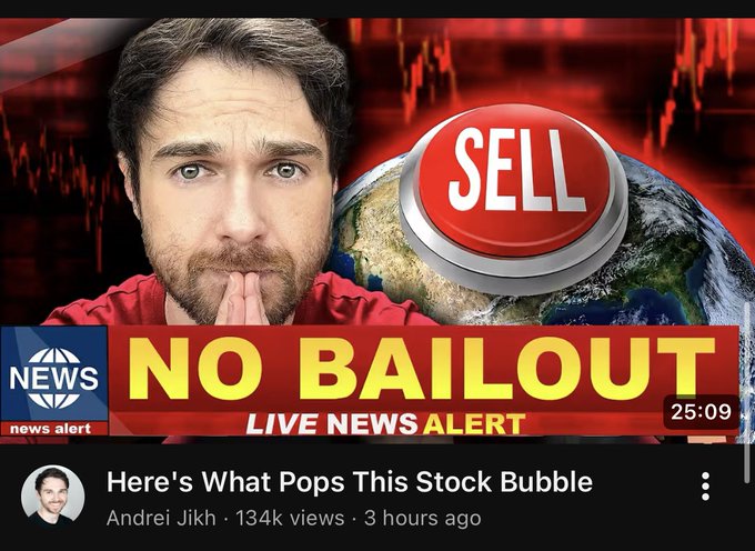 The image is a YouTube thumbnail featuring Andrei Jikh with a concerned expression, a large red "SELL" button hovering over Earth, and red candlestick charts in the background, with bold yellow text reading "NO BAILOUT" and a "LIVE NEWS ALERT" banner, under the video title "Here's What Pops This Stock Bubble." The accompanying caption criticizes Jikh's track record of being bearish on the U.S. economy and retail while having a poor history of market predictions, suggesting he is unfairly sidelined as a voice.