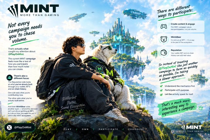 Promotional graphic for 'MINT - MORE THAN GAMING' featuring a man in black sitting next to a husky dog on a cliff edge, with text discussing different campaign approaches like '@PlayOnMint' and 'MintABear'.