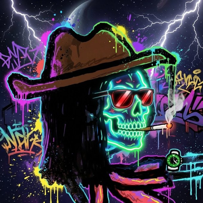 Colorful graffiti-style digital artwork of a neon glowing skull wearing a cowboy hat and red sunglasses, smoking a cigar against a cosmic background with lightning.