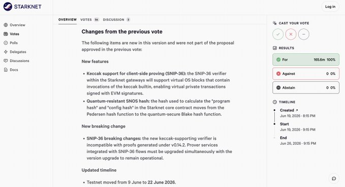 In this screenshot of a Starkenet user interface, there's an alert showing that a new vote has been cast regarding two new optimizations within Starknet v0.14.3. These updates are focused on improving EVM privacy and security through blockchain technology advancements. The voting process is open to all stakeholders in the Starkenet community who can participate in this decision-making process by casting their votes for or against these upgrades. A post about the changes was posted before the vote took place, providing details of the new optimizations being considered.
