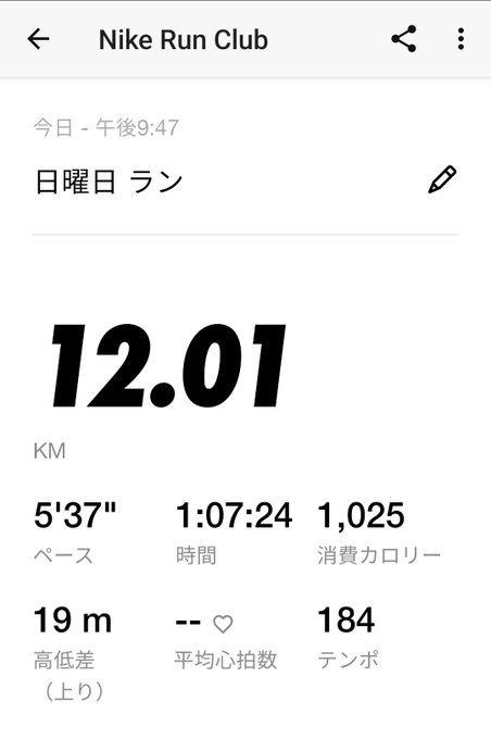 A Nike Run Club app summary of a Sunday run showing a distance of 12.01 km, a pace of 5'37", a duration of 1:07:24, 1,025 calories burned, 19 m elevation gain, and a cadence tempo of 184.