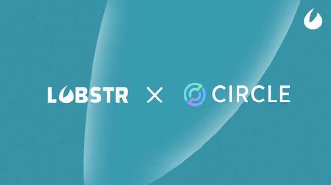 The image is a teal-colored partnership announcement graphic featuring the logos "LOBSTR × CIRCLE" centered on the screen with an "x" between them, visually promoting the collaboration between Lobstr and Circle highlighted in the post about native USDC on Stellar.