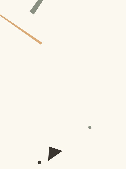 The image displays a minimalist abstract composition on a cream background, featuring scattered geometric elements including a sage green rectangle, a peach line, small dots, and a dark triangular shape. This appears to be a cropped or partial view of an NFT artwork titled "Primera 174" listed on OpenSea, where the composition likely shows only a section of the full generative art piece.