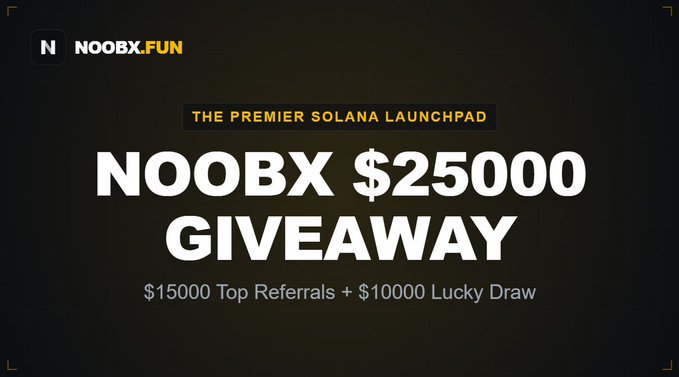 A promotional banner for the NoobX.Fun $25,000 giveaway on the Solana launchpad, splitting $15,000 among top referrals and $10,000 in a lucky draw. The image reinforces the post's announcement of a community-driven reward pool with referral incentives and a 0% team allocation for fair launches.