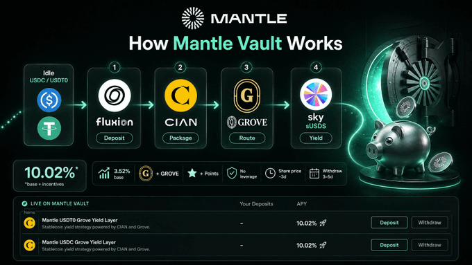 An infographic titled 'How Mantle Vault Works' showing a 4-step yield process involving fluxion, CIAN, GROVE, and sky sUSDS with 10.02% APY.