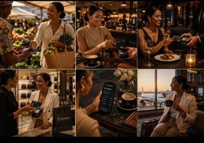 A stylish montage of six scenes shows a woman seamlessly using a digital payment card at a farmers market, café, restaurant, boutique, coffee shop, and airport lounge, illustrating how a modern financial tool integrates effortlessly into everyday lifestyle moments. The recurring "AylPay" branding on the card and shopping bag ties the imagery to the post's message about making money actively create value through real-world spending rather than passive holding.