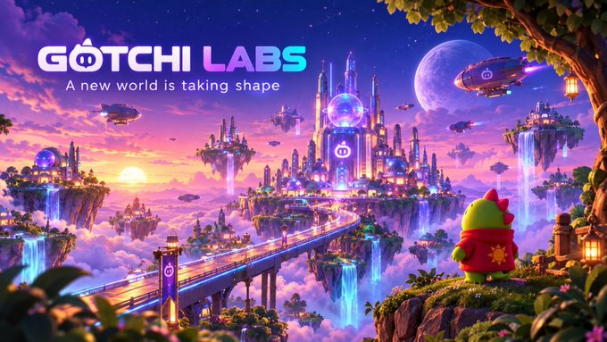 Promotional artwork for 'GOTCHI LABS' with the tagline 'A new world is taking shape,' depicting a vibrant fantasy landscape with floating islands, futuristic buildings, and a small green character.