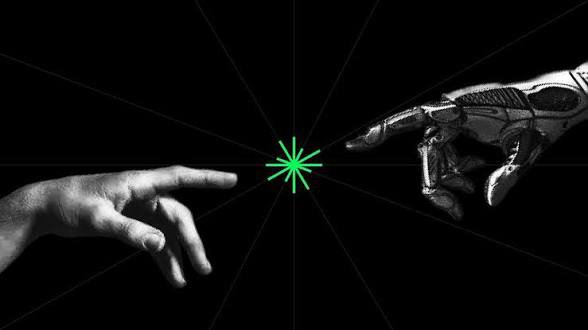 A black and white stylized image showing a human hand reaching toward a robotic/mechanical hand, with a green starburst symbol between them and radiating lines on a black background.