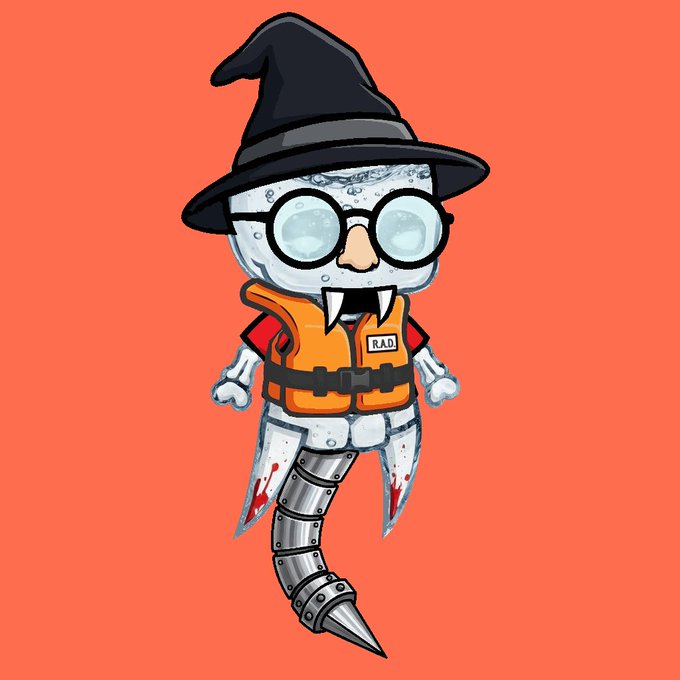 A cartoonish character depicted as a drill with a witch's hat, round glasses, fangs, and an orange life vest labeled "R.A.D." floats against a coral-orange background.