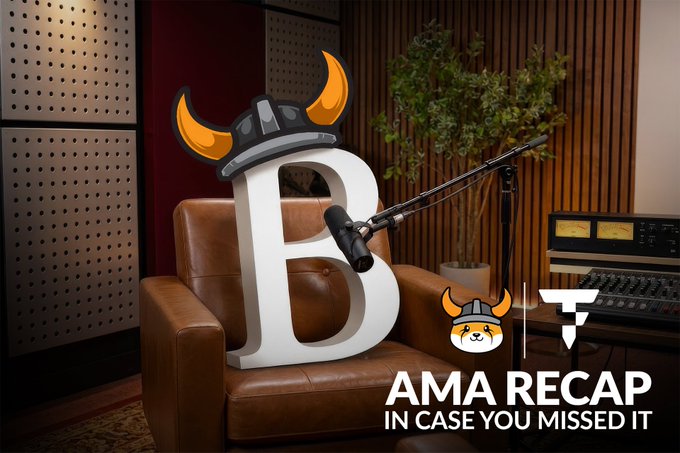 A cartoon viking-helmeted letter "B" sits in a leather chair beside a microphone in a podcast studio, with text reading "AMA RECAP IN CASE YOU MISSED IT." The image ties to the post by promoting a recap of an AMA featuring @100bviking, with the Viking character referencing the host and the "$FLOKI" ticker mentioned in the discussion.