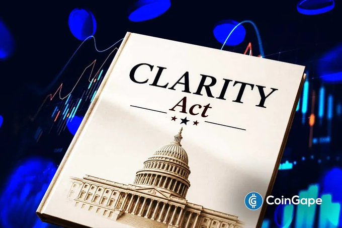 A document titled "CLARITY Act" featuring an illustration of the U.S. Capitol building is displayed against a backdrop of blue financial charts and graphs, with the CoinGape logo visible.

The image visually reinforces the post's focus on the CLARITY Act legislation, using the Capitol illustration to symbolize the congressional vote mentioned, while the financial chart background alludes to the crypto market regulation the bill addresses.