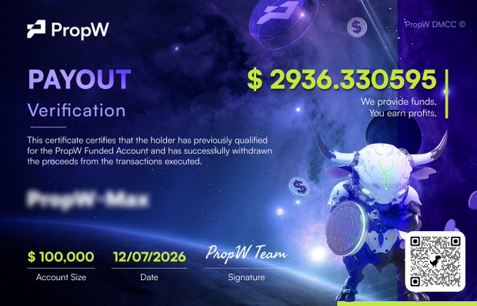 A PropW payout verification certificate showing a payout of $2936.330595 from a $100,000 funded account, dated 12/07/2026.