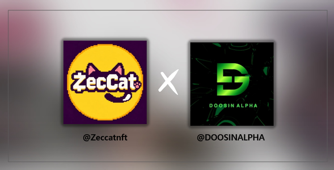 A collaboration announcement graphic displays two logos separated by an 'X'. On the left is a yellow logo for 'ZecCat' (@Zeccatnft), and on the right is a green 'DA' logo for 'DOOSIN ALPHA' (@DOOSINALPHA).