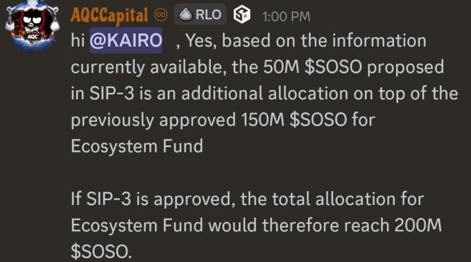 A Discord message from AQCCapital explaining that the 50M $OSO proposed in SIP-3 would be an additional allocation on top of the previously approved 150M $OSO for Ecosystem Fund.