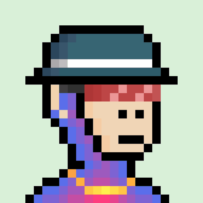 A pixel art illustration of a character with reddish hair wearing a dark hat and a blue and purple outfit with orange accents, set against a light green background.