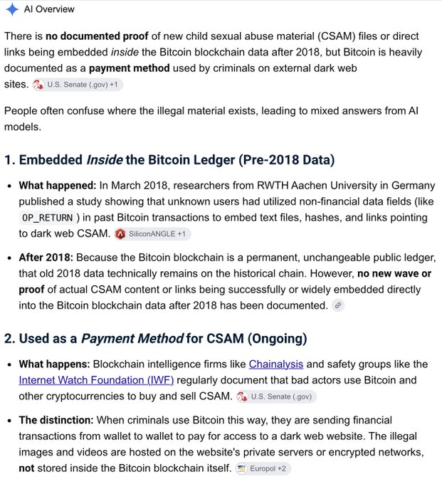 An AI Overview explaining that while a 2018 RWTH Aachen University study documented non-financial data fields in Bitcoin containing text files with links to 274 CSAM sites, there is no documented proof of new CSAM files or direct links being embedded inside the Bitcoin blockchain after 2018, though Bitcoin is widely used as a payment method for CSAM on dark web sites. The image relates to the post by clarifying that the post's claim about 274 CSAM links aligns with the documented 2018 study, while noting that CSAM images on BSV are unrelated to Bitcoin, and emphasizing that Bitcoin's primary CSAM connection is as a payment method rather than as a content host.