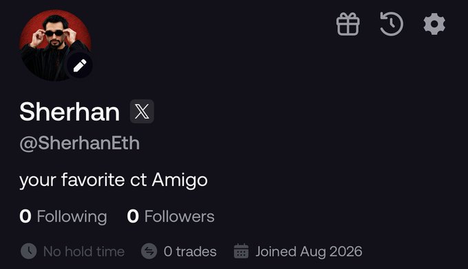 A Twitter/X profile page for 'Sherhan' (@SherhanEth) with the bio 'your favorite ct Amigo', showing 0 Following, 0 Followers, 0 trades, and a Join date of Aug 2026.