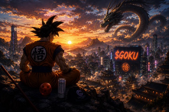 A dramatic illustration of the anime character Goku in his orange gi with the '悟' kanji symbol on his back, sitting on a cliff overlooking a neon-lit city at sunset while facing a massive dragon in the sky, with a '$GOKU' sign displayed nearby.