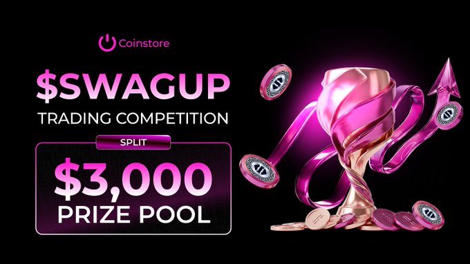 A Coinstore promotional graphic for the $SWAGUP Trading Competition featuring a pink and gold trophy with scattered pink coins, highlighting a "$3,000 PRIZE POOL" in bold text alongside the Coinstore logo and event details matching the trading competition announcement.