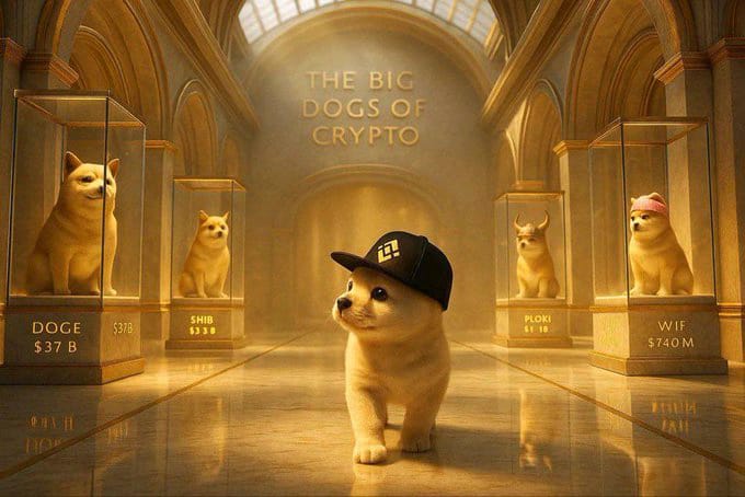A digital illustration titled 'THE BIG DOGS OF CRYPTO' showing various dog-themed cryptocurrencies (DOGE, SHIB, FLOKI, WIF) as statues in glass display cases, with a Shiba Inu puppy wearing a black cap standing in the center.
